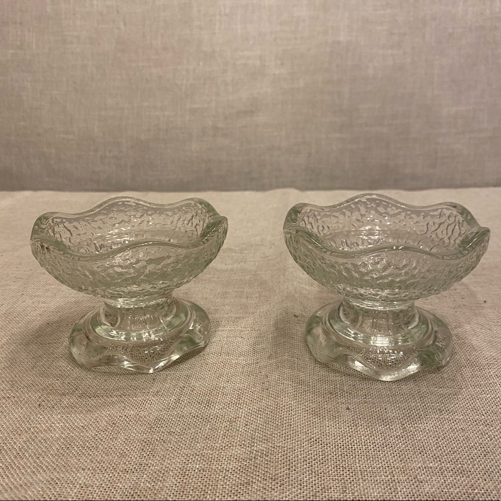 Vintage Anchor Hocking reversible pebble glass embossed pedestal candle holders.